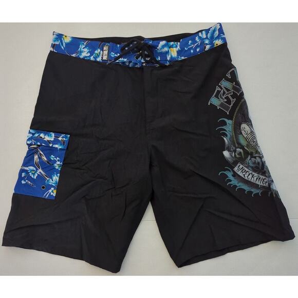Fatal Wrecking Crew Tattooed Sailer Girl w/ Roses Board Shorts Black Blue Siz 36 - Picture 2 of 9